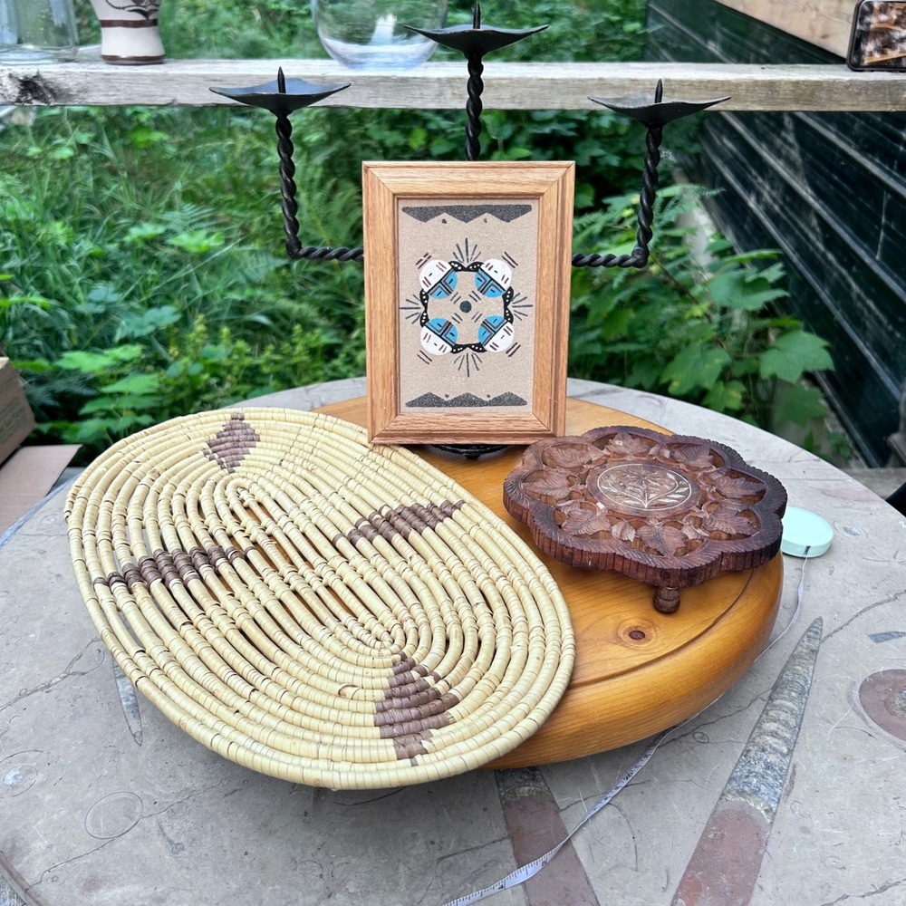 Vintage Navajo Sand Art Woven Mat Carved Wood Trivet Boho Decor Bundle 3pc Brown